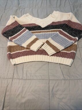 Striped V-Neck Sweater in Cream, Mauve & Taupe